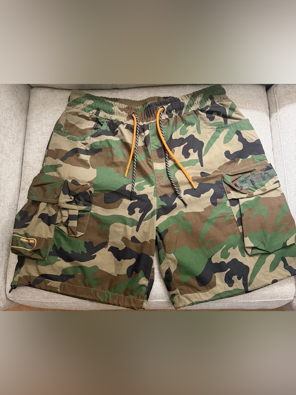 Men's Camouflage Cargo Shorts with Orange Drawcord